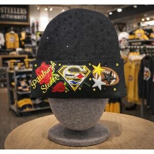 Pittsburg Steelers Black Beanie design with Logo's Black & Yellow Rhinestones